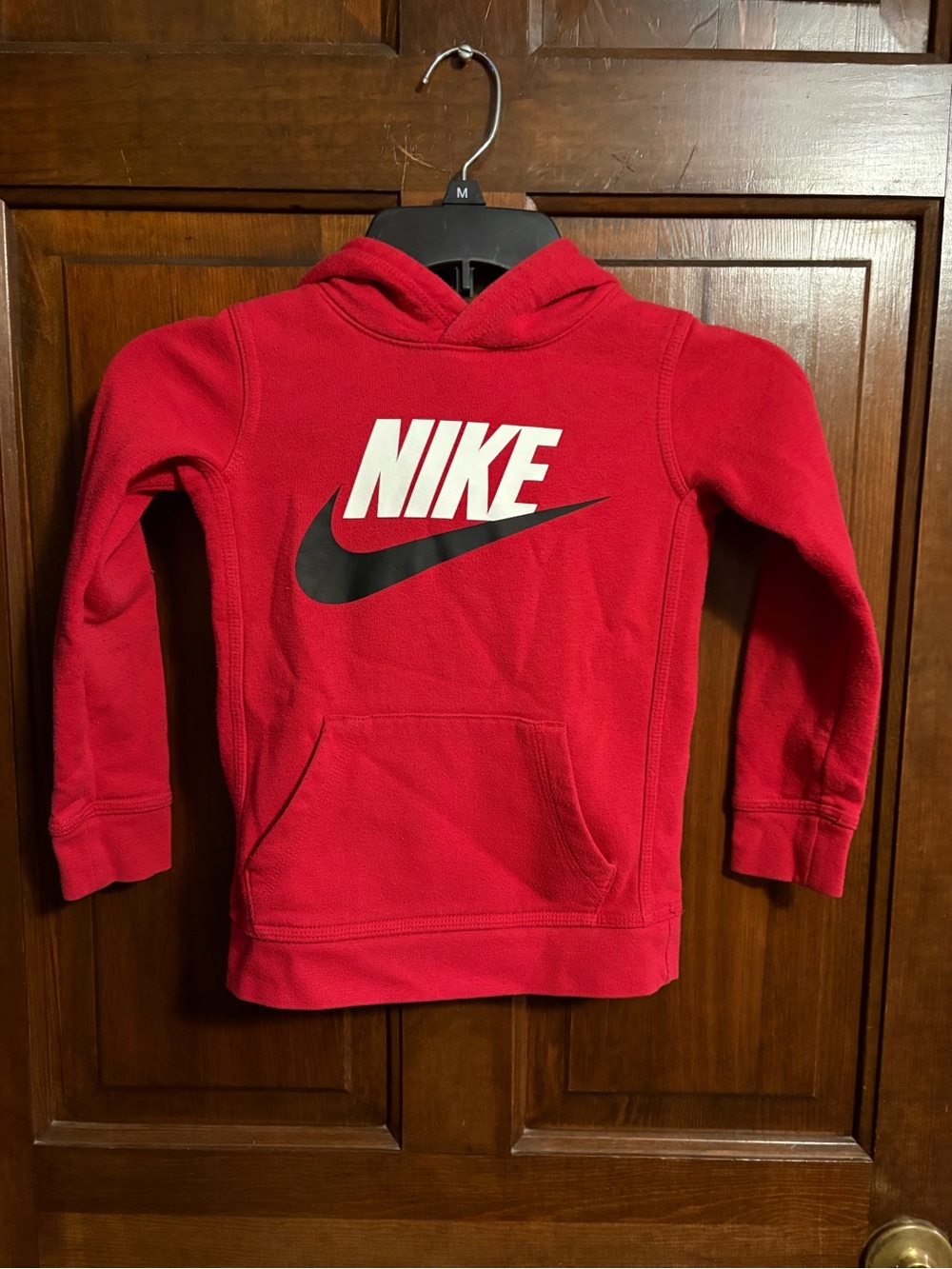 Nike Red Kids Hoodie with White Logo and Black Swoosh